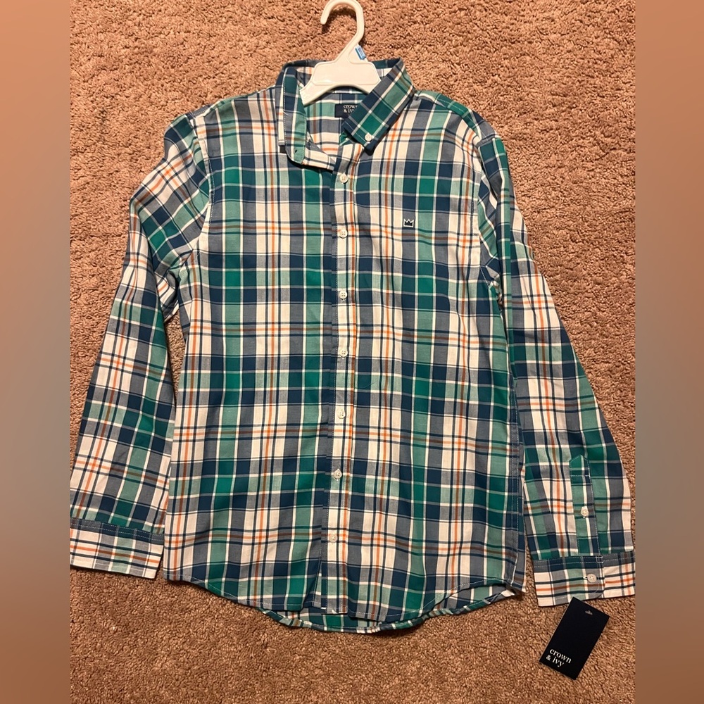 crown & ivy Green and Blue Plaid Button-Down Shirt